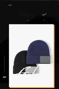 Close-up of winter knitted beanie with patchwork detail and fine thermal texture