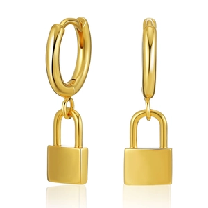 Detail of 18K gold-plated hoop earrings with polished padlock charms and mirror reflection