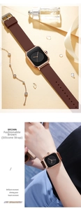 Detail showing fashion brown silicone strap and rose gold square quartz watch case