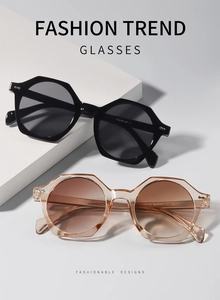 Detail view of octagon sunglasses in black and tea colors with lens specifications