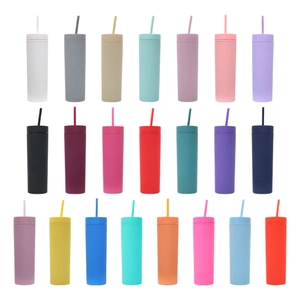 Matte double-layered 16oz plastic tumblers with straws in 21 vibrant assorted colors