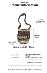 Detail view of plush bucket bag showing magnetic closure and interior canvas pockets