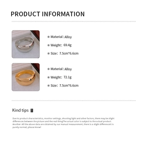 Detailed product specifications for wide alloy cuff bracelets in gold and silver finish