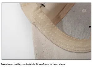 Detail view of khaki cotton cap interior showing sweatband and fine stitching craftsmanship