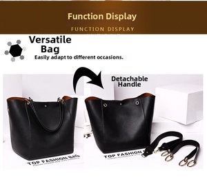 Detail showing the large capacity black leather tote with removable handles and brown interior