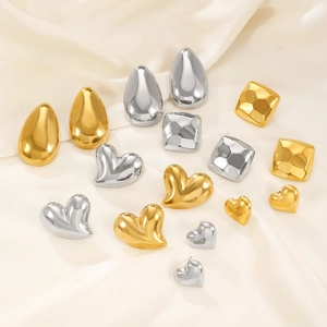 Minimalist gold and silver titanium steel earrings in heart, drop, and textured square shapes