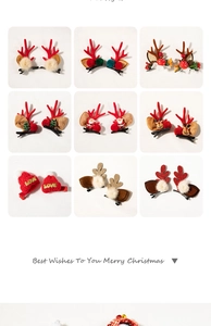 Detail view of 9 unique Christmas reindeer antlers and Santa plush hair clips collection