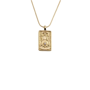 Gold plated copper necklace featuring a geometric tarot chariot pendant with zircon stone