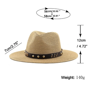 Men's retro wide brim straw fedora hat with black leather band and metal studs