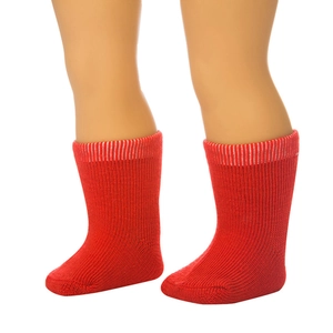 Red knitted doll socks with white stripes for 18-inch American Girl dolls, main view