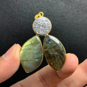 Golden double leaf pendant with natural labradorite and silver druzy stone