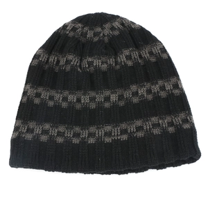 Close-up of the knitted texture and grey striped pattern on a black winter beanie