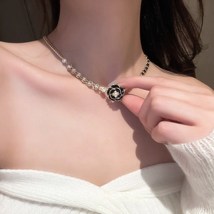 Elegant dark bow flower faux leather wrap necklace with pearl and rhinestone accents