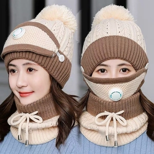 Beige and brown 3-piece knitted winter set with pompom hat scarf and valve mask