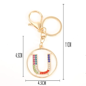 Fashion gold keychain with rainbow rhinestone letter U pendant, 11cm length, for handbags