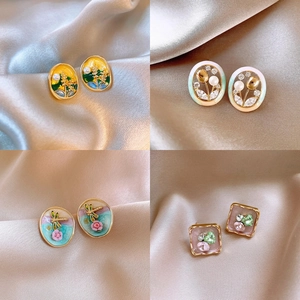 French oil painting style floral pearl earrings in four elegant botanical designs