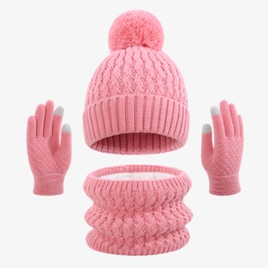Pink winter knit set for kids featuring thick cable knit hat, scarf and touchscreen gloves