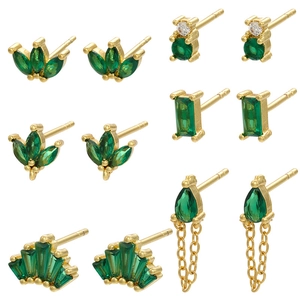 Elegant Copper Stud Earrings With Green Rhinestone Geometric Emerald Tone Gold Plated Earrings For Women Jewelry Gift