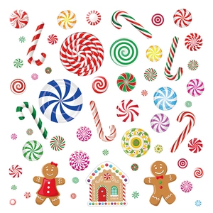 Colorful Christmas candy wall stickers featuring gingerbread man, candy canes and house