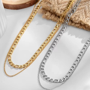 Double-layer gold and silver Figaro Cuban necklaces in stainless steel for women