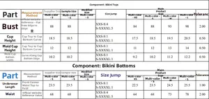 Detailed size chart for leopard print bikini set showing top and bottom measurements