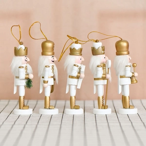 5-piece set of 13cm white and gold wooden nutcracker soldier ornaments with gold hanging strings