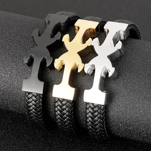 Men's nautical anchor braided leather bracelets with gold, silver, and black metal H-buckles