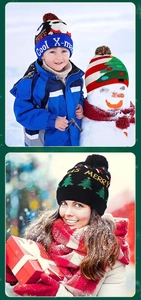 Close-up of festive LED Christmas beanies with jacquard snowflake and reindeer patterns