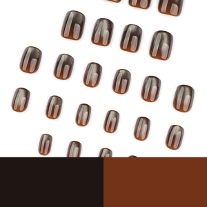 Brown cat-eye press-on nails set with glitter gradient effect in short square shape
