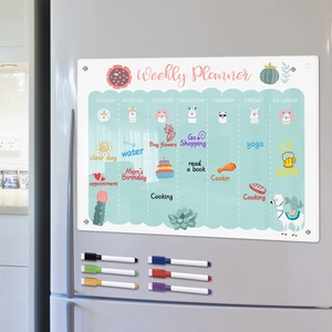 Weekly planner board with alpaca patterns and 6 colored markers on a fridge