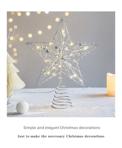 Macro shot of silver wire Christmas tree star topper with LED lights and spiral base