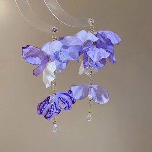 Lavender fabric flower tassel earrings with crystals and pearls for women