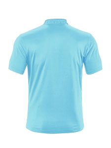 Detail view of the sky blue polo shirt back featuring fine knitted twill texture