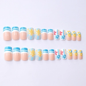 Short square press-on nails with blue and beige summer floral and stripe designs