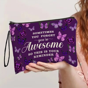 Purple Butterfly Cosmetic Bag Linen Inspirational Quote Toiletry Pouch Portable Makeup Organizer Zipper Wristlet Handbag