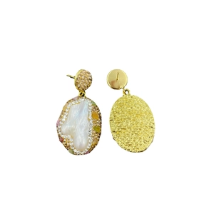 Baroque pearl drop earrings in gold finish with sparkling crystals on white background
