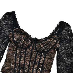Macro shot of black lace detail with nude lining and underwired cups on bodysuit