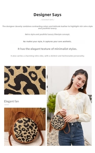 Detail of round leopard print crossbody bag featuring canvas texture and leather handle
