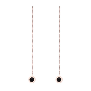 Rose gold Roman numeral long tassel earrings with black stone and hanging ear threads