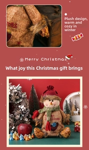 Detail of burlap Christmas snowman figure with red knit hat and plush cuff decorations