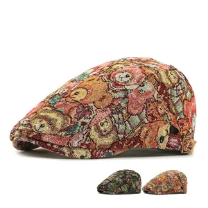 Vintage Jacquard Ivy Cap Polyester Floral Bear Pattern Adjustable Peaked Flat Cap For Women Retro Style