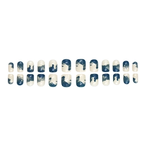 Short square press-on nails with blue and white marble cloud design, 24 pieces set