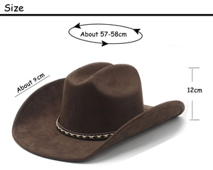 Detailed size guide for brown suede western cowboy hat with brim and height dimensions