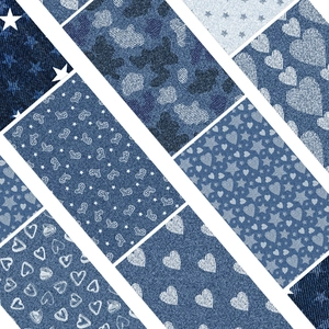 Variety of blue denim stickers featuring heart and star patterns on white background