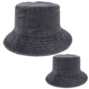 Vintage washed dark gray denim bucket hat with metal eyelets and reinforced stitching