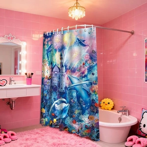 Dreamy ocean shower curtain with castle and leaping dolphins in a bright bathroom setting
