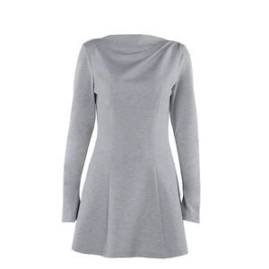 Slim fit light grey long sleeve mini dress with boat neck and A-line silhouette style