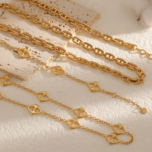 18K Gold Plated Stainless Steel Jewelry Necklace And Bracelet Geometric Rhombus Link Chain Non Fading Minimalist For Women