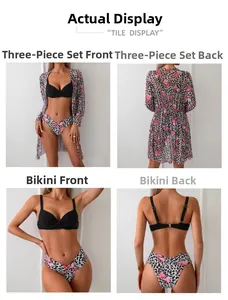 Detailed view of 3-piece swimsuit with leopard floral print bikini and sheer cover-up