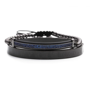 Herren Armband-Set aus schwarzen Perlen und Edelstahl-Armreif mit blauen Zirkonia